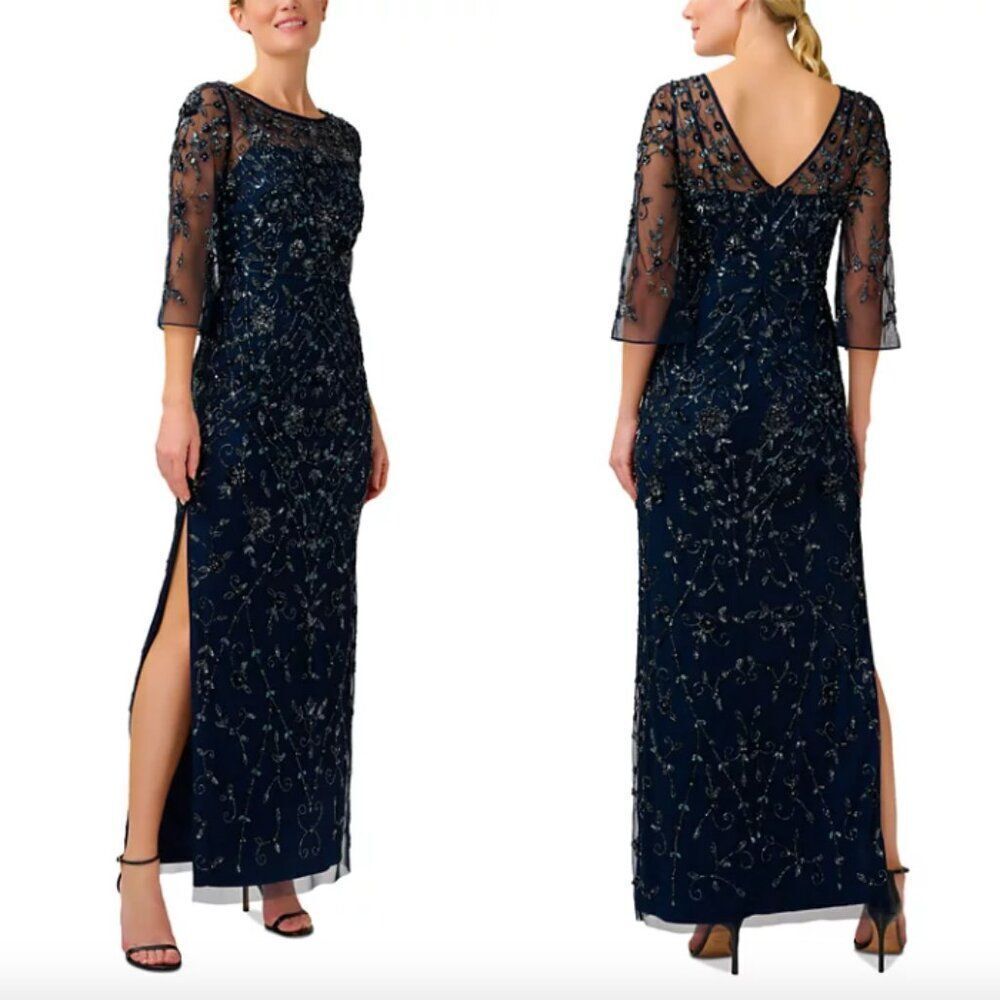 Nwt Adrianna Papell Midnight Navy Blue Embellished Beaded Half Sleeve Maxi Dress